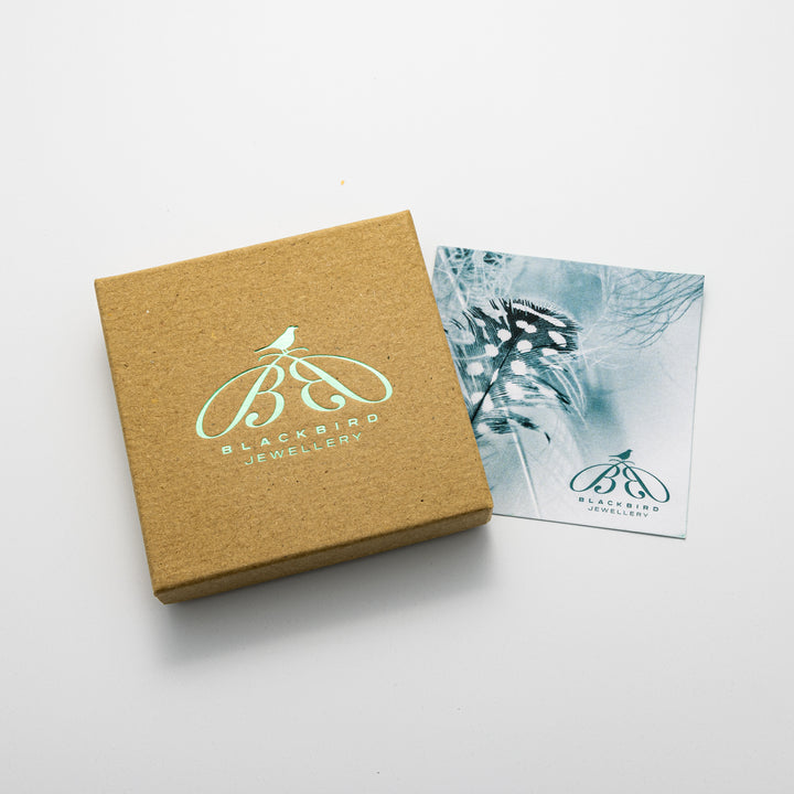 Blackbird Jewellery branded gift box with illustrated backing card – sustainable packaging for handmade jewellery