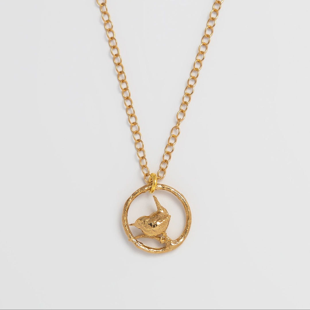 Blackbird Jewellery 18ct Gold Vermeil Wren in a Hoop Necklace – Handmade Bird Jewellery Gift with RSPB donation