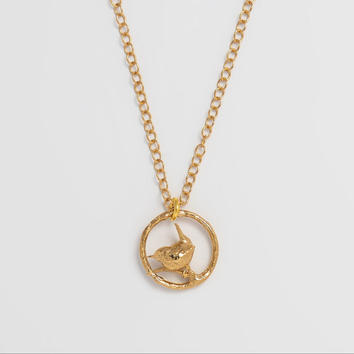 Blackbird Jewellery 18ct Gold Vermeil Wren in a Hoop Necklace – Handmade Bird Jewellery Gift with RSPB donation