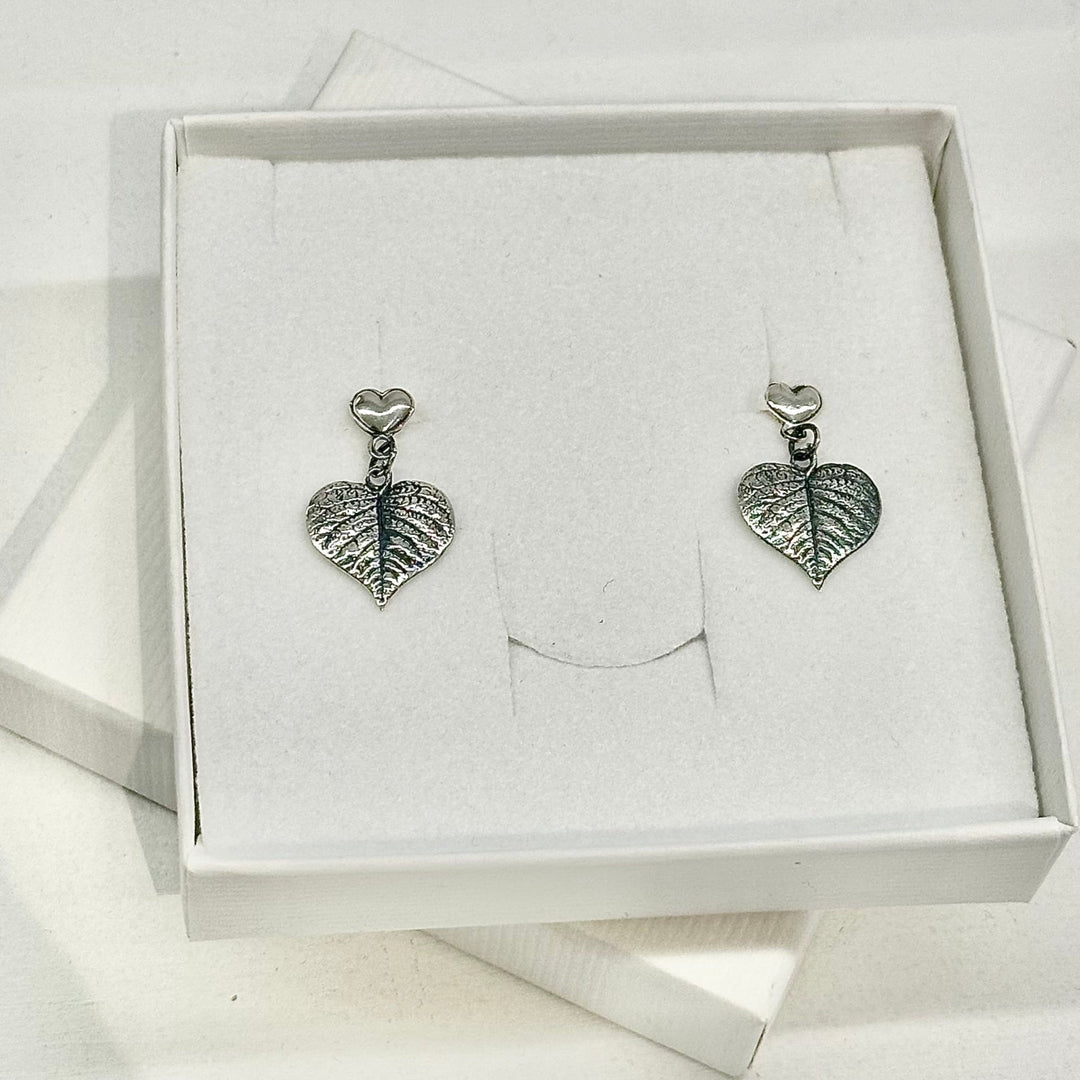 Sterling Silver Heart Leaf Drop Earrings
