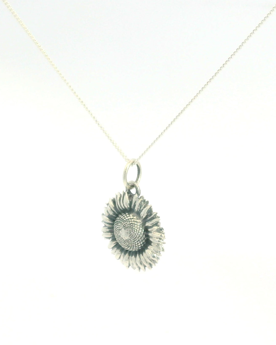 Blackbird jewellery side view of sterling Silver Sunflower Necklace by Blackbird Jewellery – Handmade birth flower gift