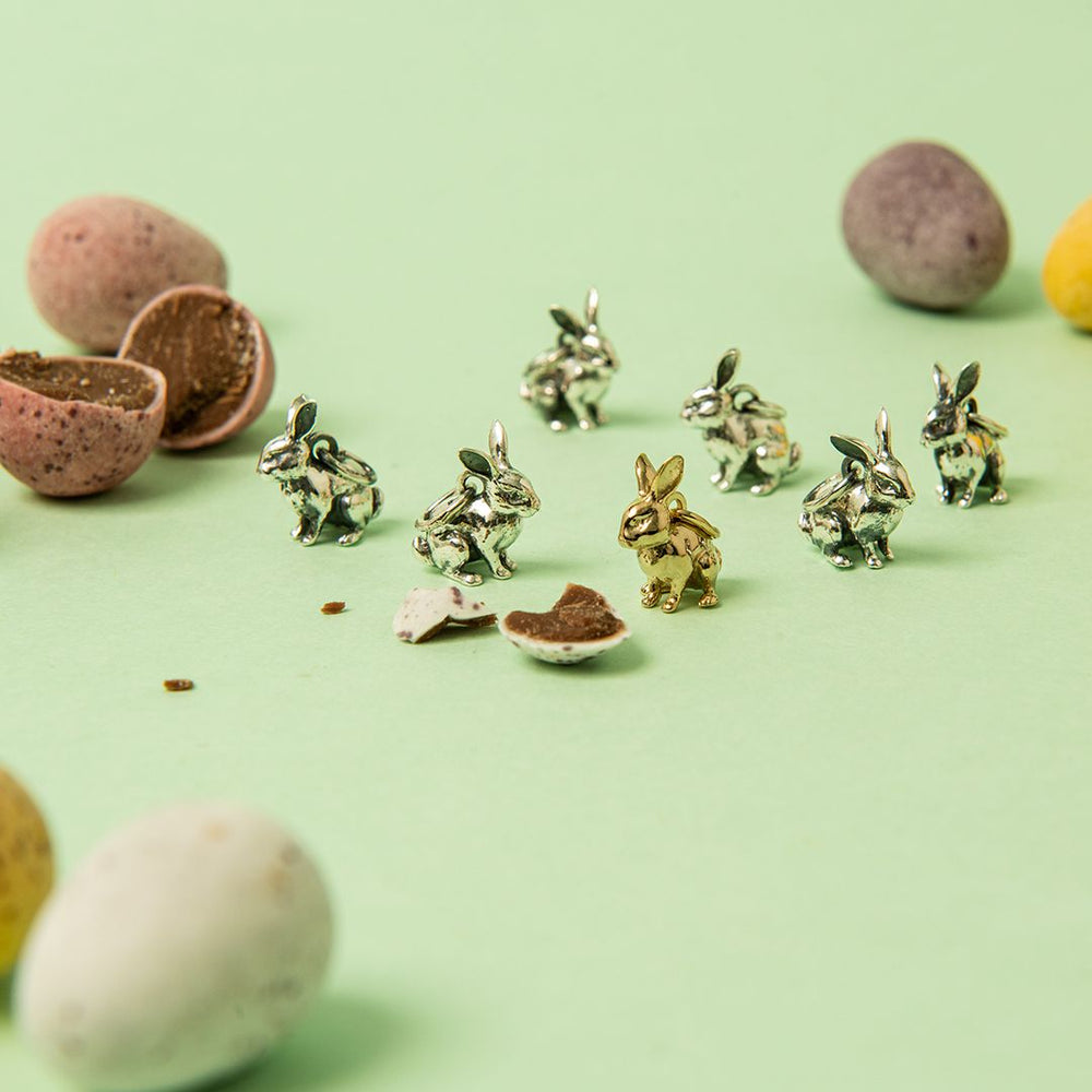 Close-up of Spring Rabbit Charm handcrafted in sterling silver – nature-inspired jewellery gift