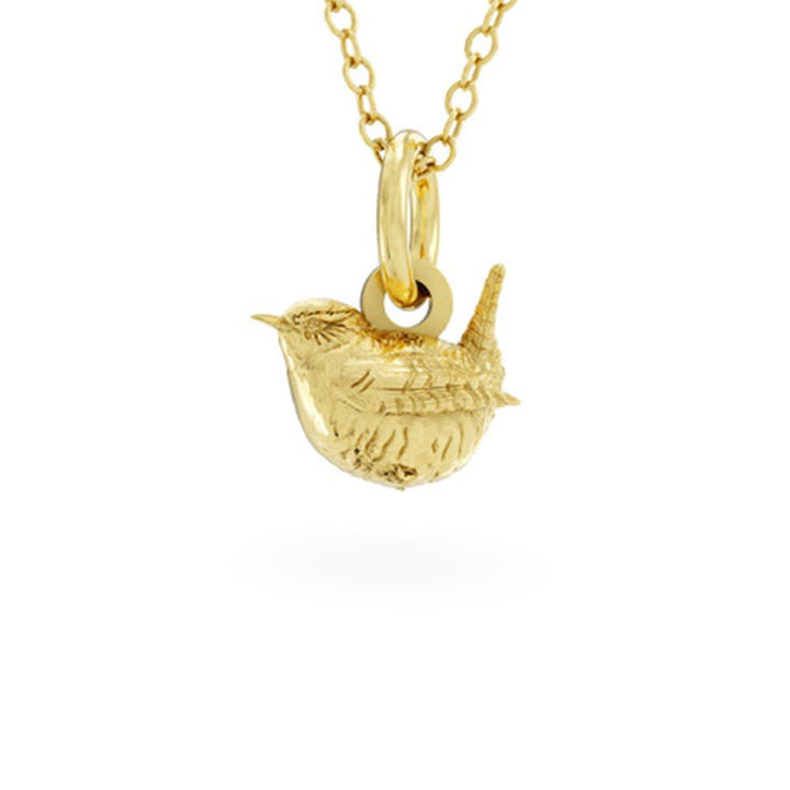 Licensed To Charm 18ct Gold vermeil wren bird-shaped pendant on a chain against a white background