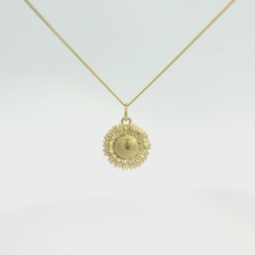 Blackbird Jewellery 18ct gold vermeil sunflower necklace turnaround video on white background – handmade in the UK