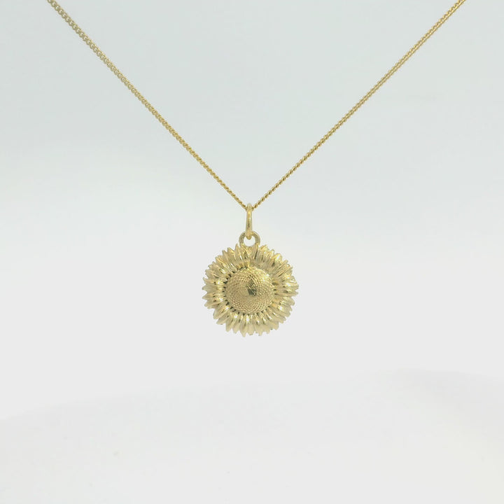 Blackbird Jewellery 18ct gold vermeil sunflower necklace turnaround video on white background – handmade in the UK