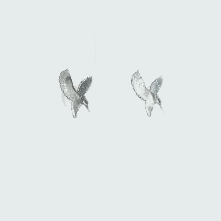 Nature-inspired sterling silver kingfisher earrings with post fittings.