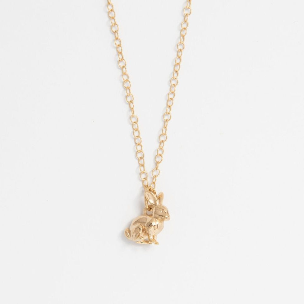 Gold vermeil rabbit necklace with detailed floppy ears – handmade spring jewellery by Blackbird Jewellery