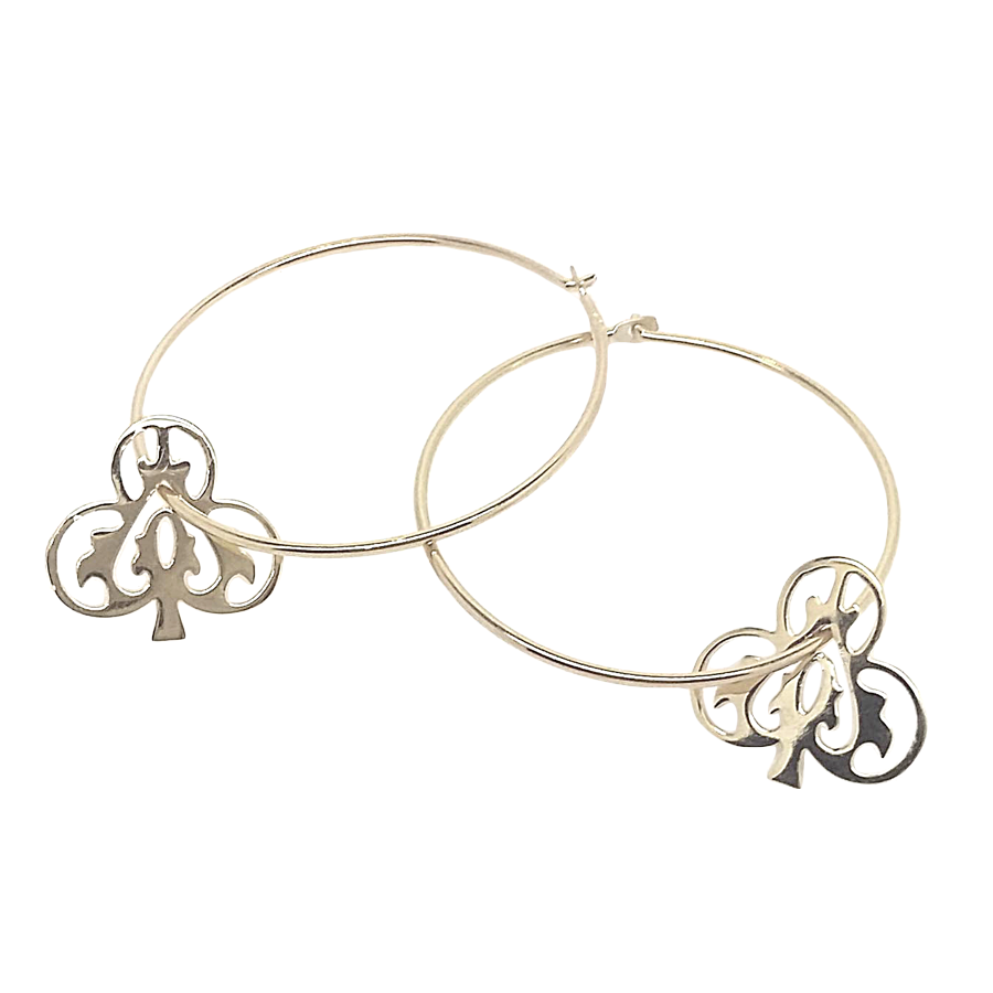 A pair of silver hoop earrings featuring the Ace of Clubs card design with a heart symbol at the center.