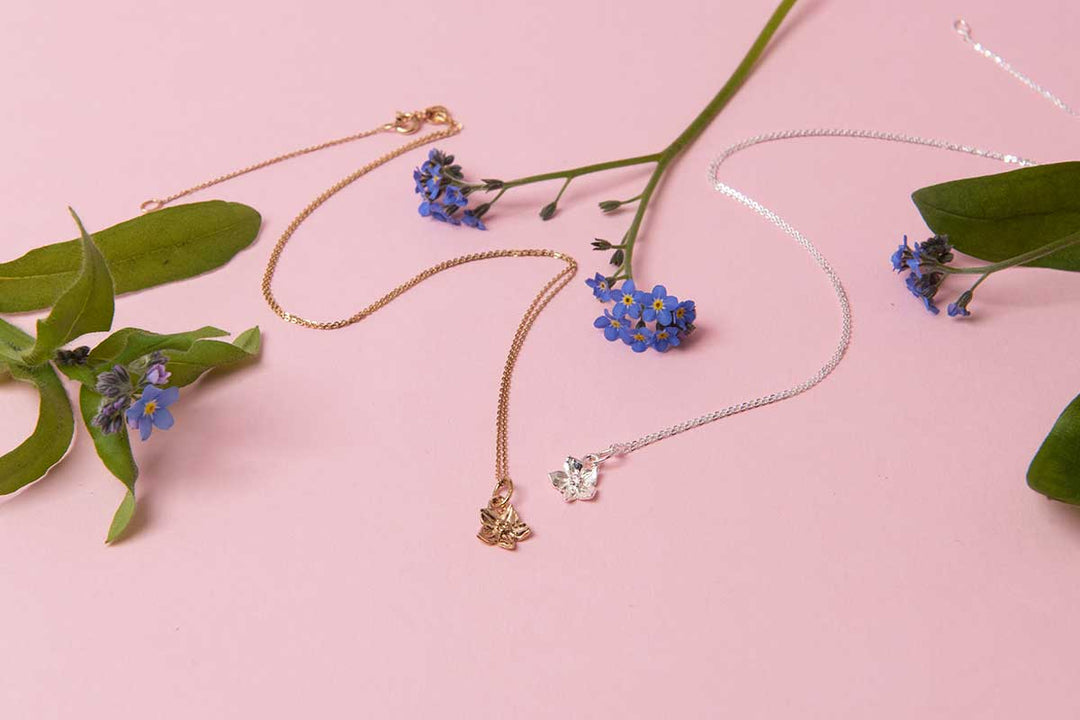 Forget-me-not flower necklace styled with nature – handmade Mother’s Day gift in silver