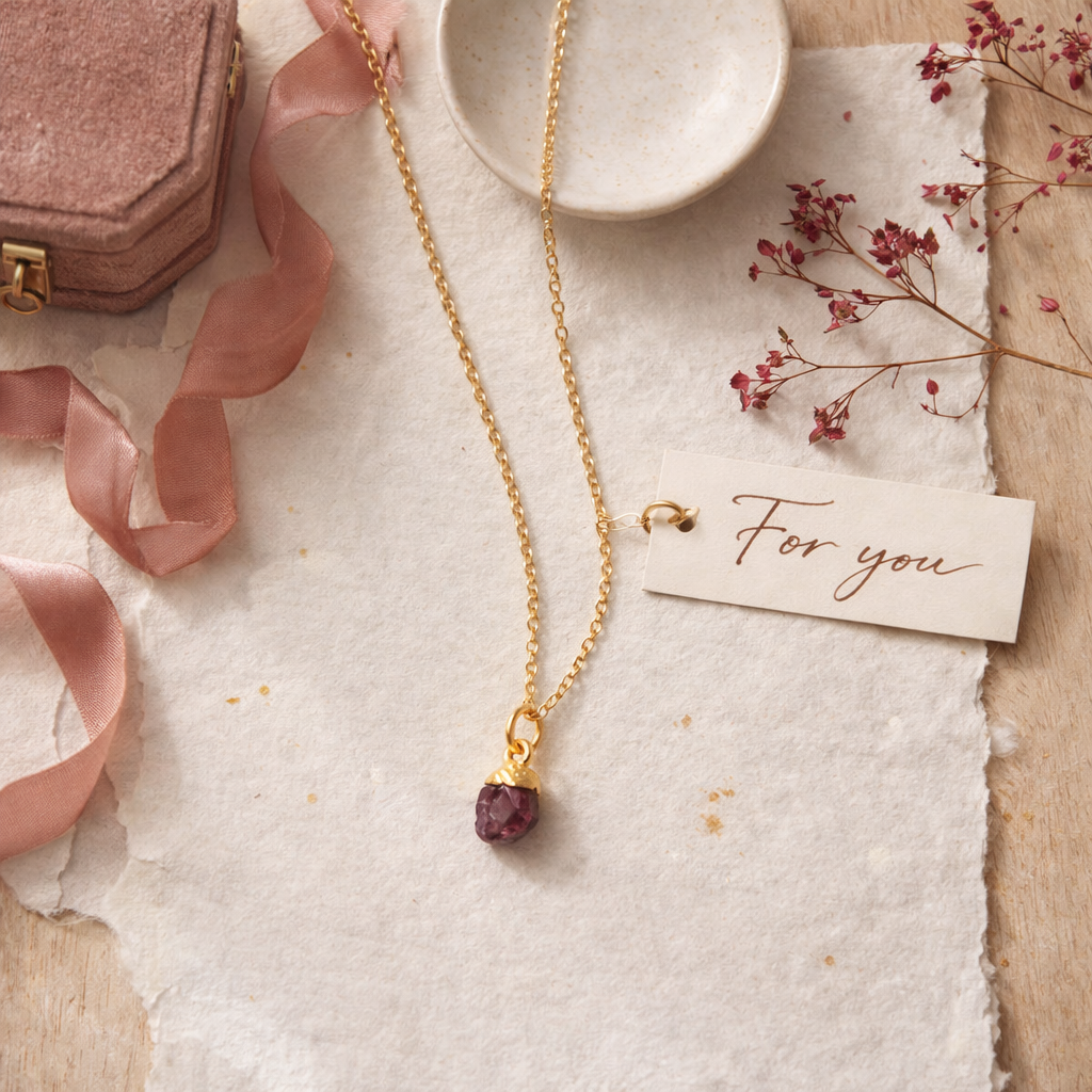 Flat lay of a raw ruby necklace with ribbon, gift wrap, handwritten note and dried petals for July birthstone gifting.