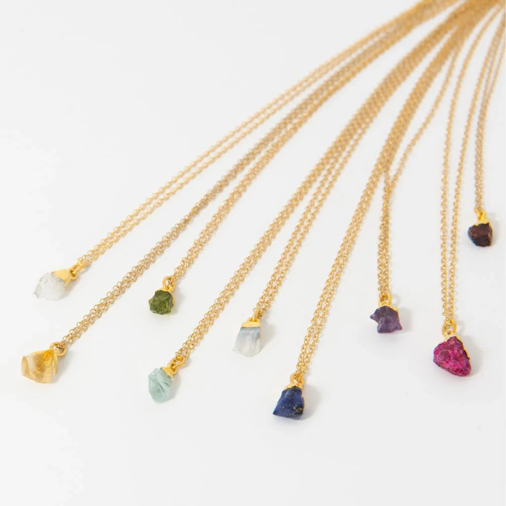 Handmade raw gemstone necklaces in gold vermeil from the Blackbird Jewellery Gemstones collection.
