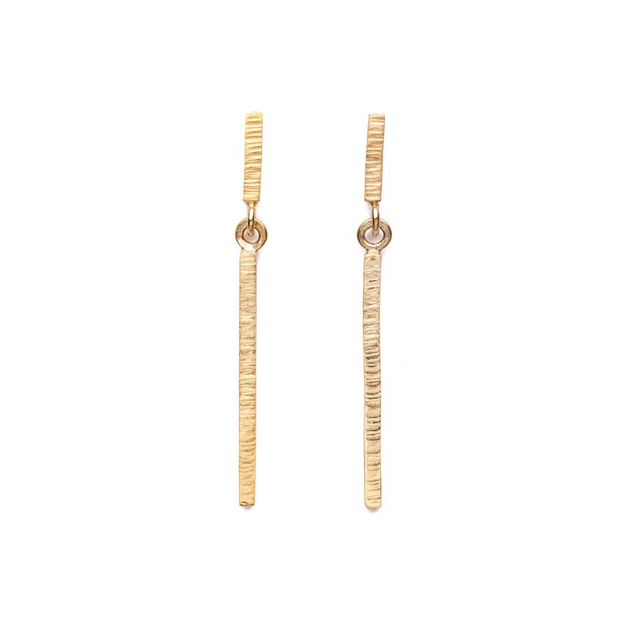 Gold drop earrings handcrafted in the UK — recycled silver with 18ct gold vermeil finish, inspired by nature and movement.