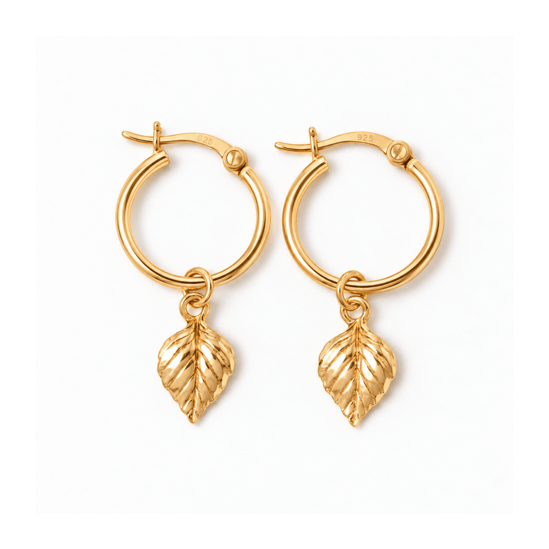 18ct Gold Vermeil Birch Leaf Drop Hoop Earrings by Blackbird Jewellery | Handmade jewellery