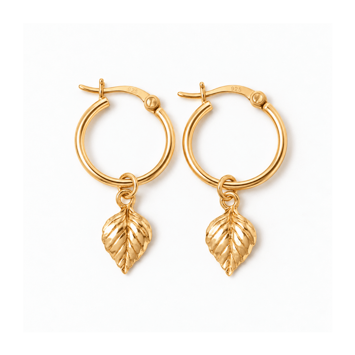 18ct Gold Vermeil Birch Leaf Drop Hoop Earrings by Blackbird Jewellery | Handmade jewellery