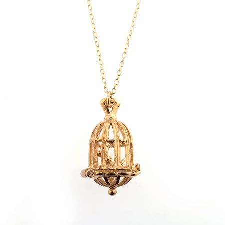 Handmade 18ct Gold Vermeil Birdcage Necklace showcasing whimsical charm and nature-inspired craftsmanship