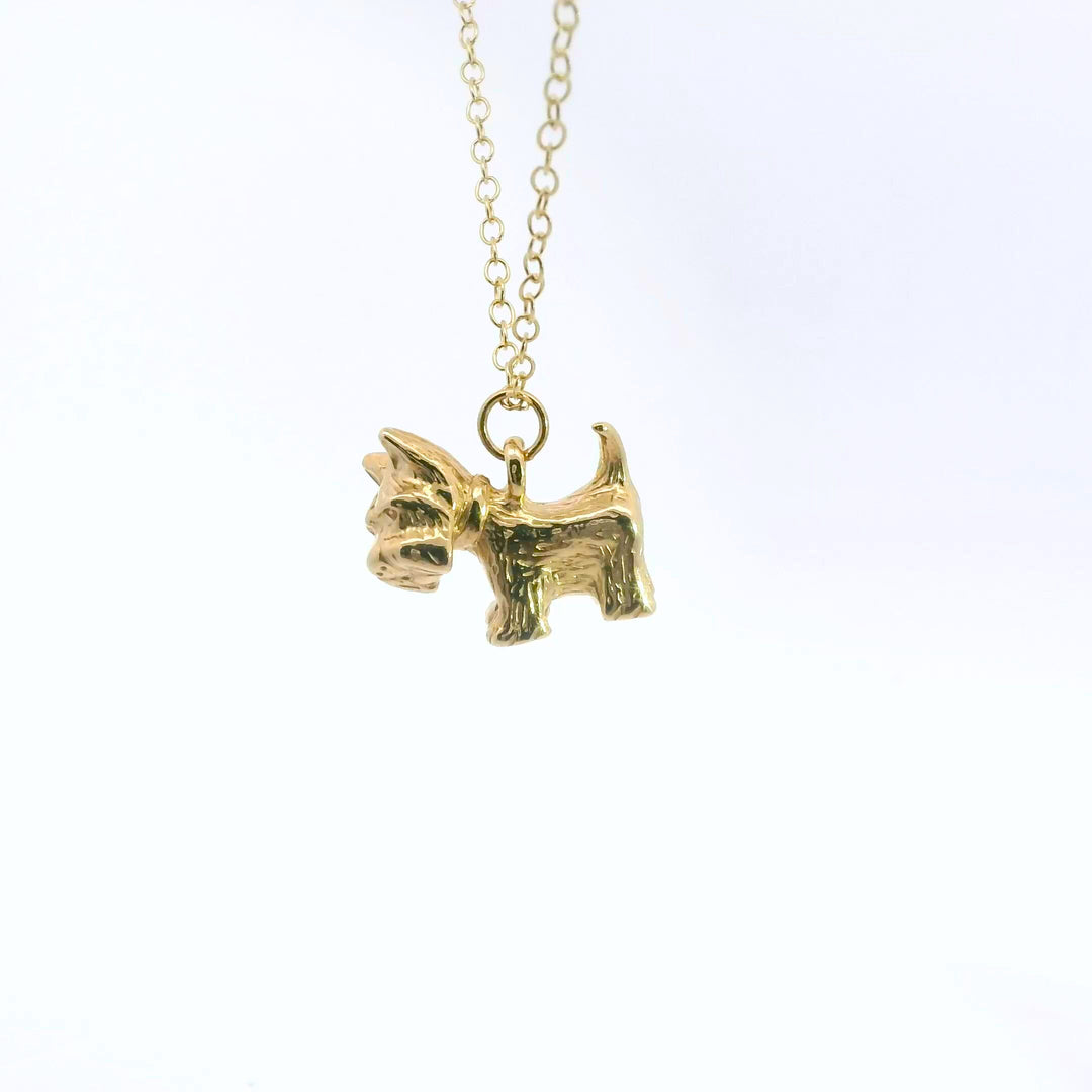 18ct Gold Vermeil Scottie Dog Necklace, handcrafted with detailed Scottish Terrier charm.