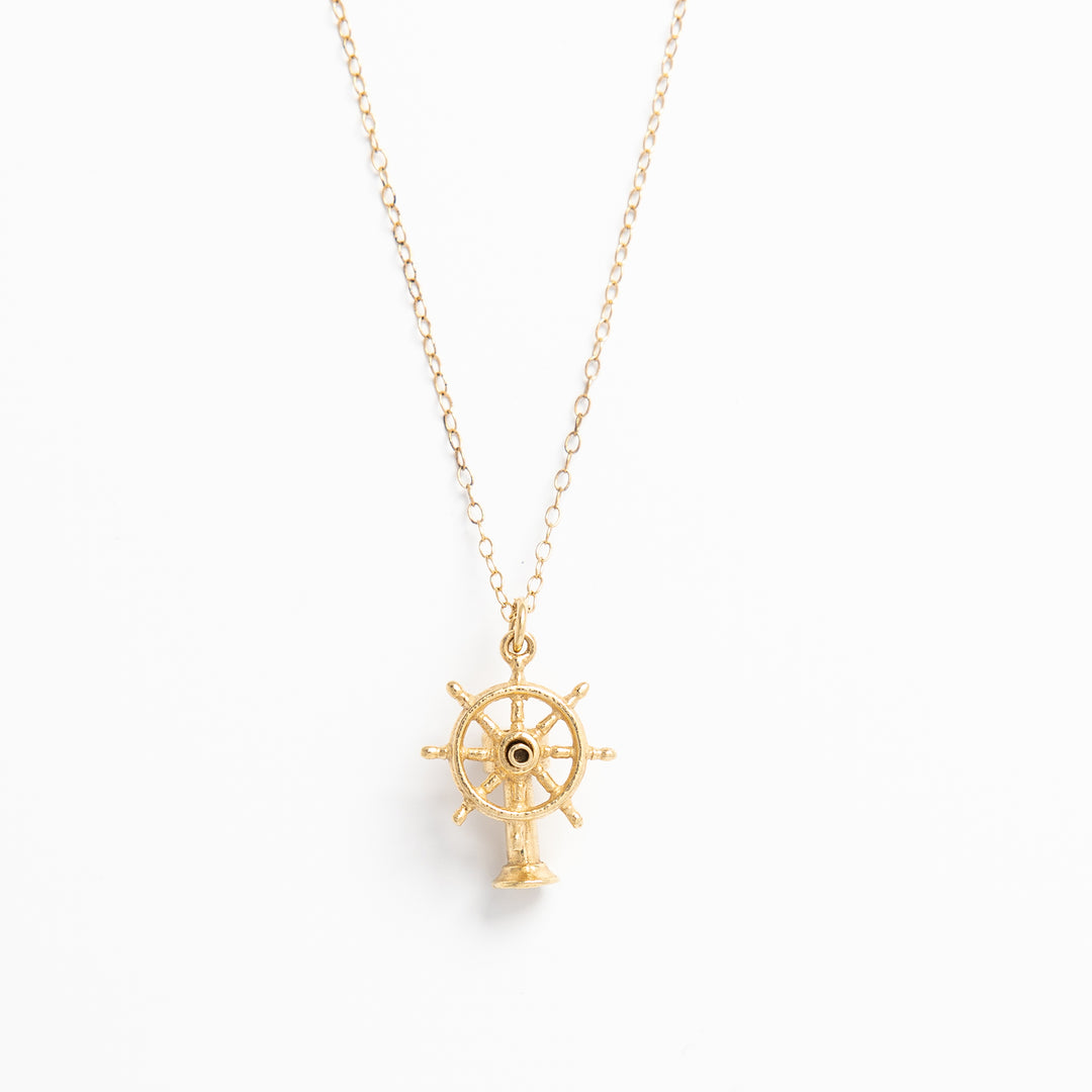 18ct Gold Vermeil Ship Helm Necklace, handcrafted in the UK, perfect for nautical lovers and adventurers.