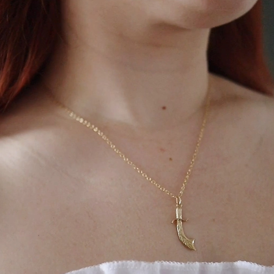 18ct Gold Vermeil Cutlass Sword Necklace with intricate detailing, handcrafted in the UK from recycled sterling silver