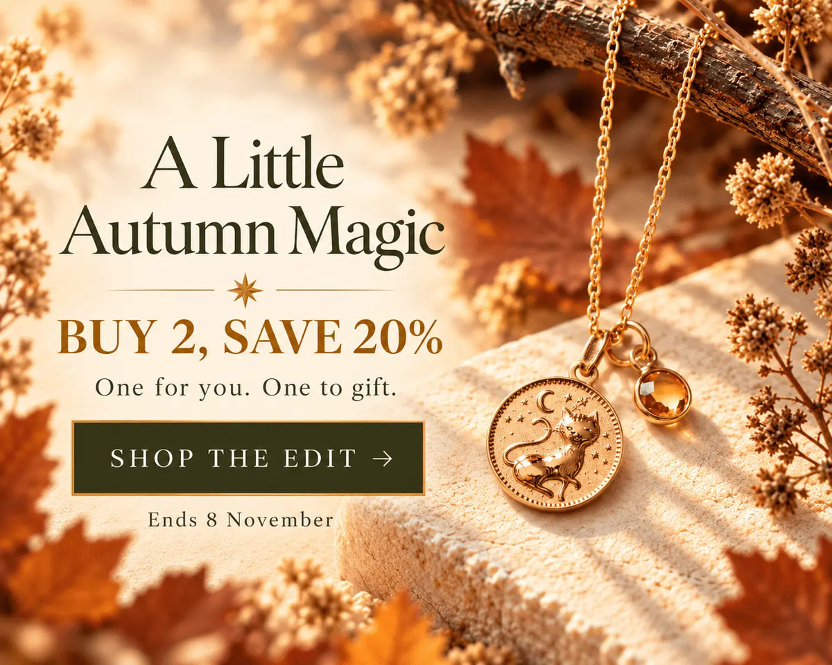 Gold Witch's Cat necklace surrounded by autumn foliage in Blackbird Jewellery's Autumn Magic promotion. Buy 2, Save 20% on nature-inspired jewellery until 8 November.
