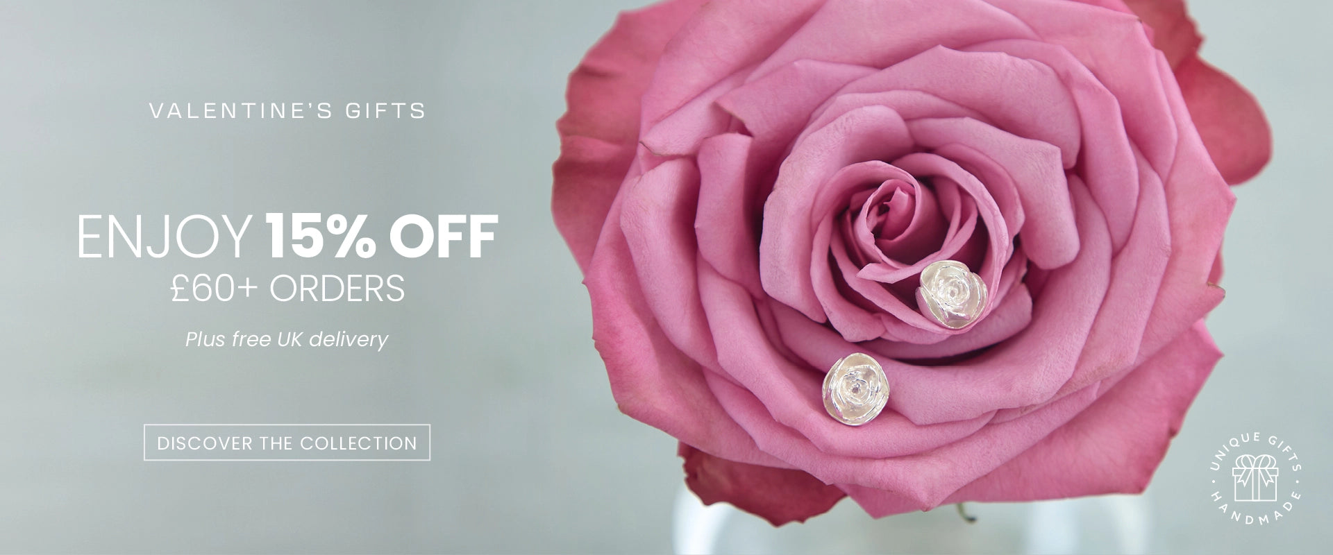 Close-up pink rose displaying sterling silver rose stud earrings from Blackbird Jewellery, Valentine’s gifting banner with 15% off £60+ and free UK delivery.