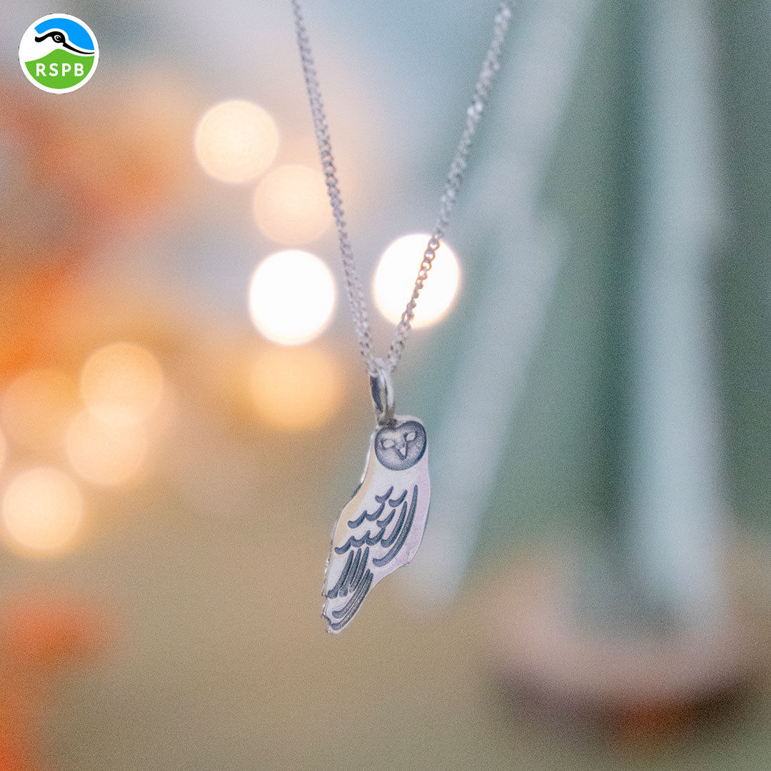 Blackbird Jewellery sterling silver barn owl pendant necklace with intricate details, displayed against a blurred background with fairy lights.