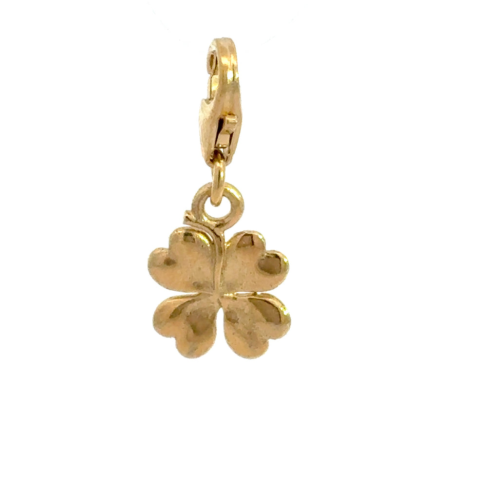 Blackbird Jewellery 18ct gold vermeil four leaf clover clip-on charm with lobster clasp, handcrafted lucky charm inspired by Irish symbolism.
