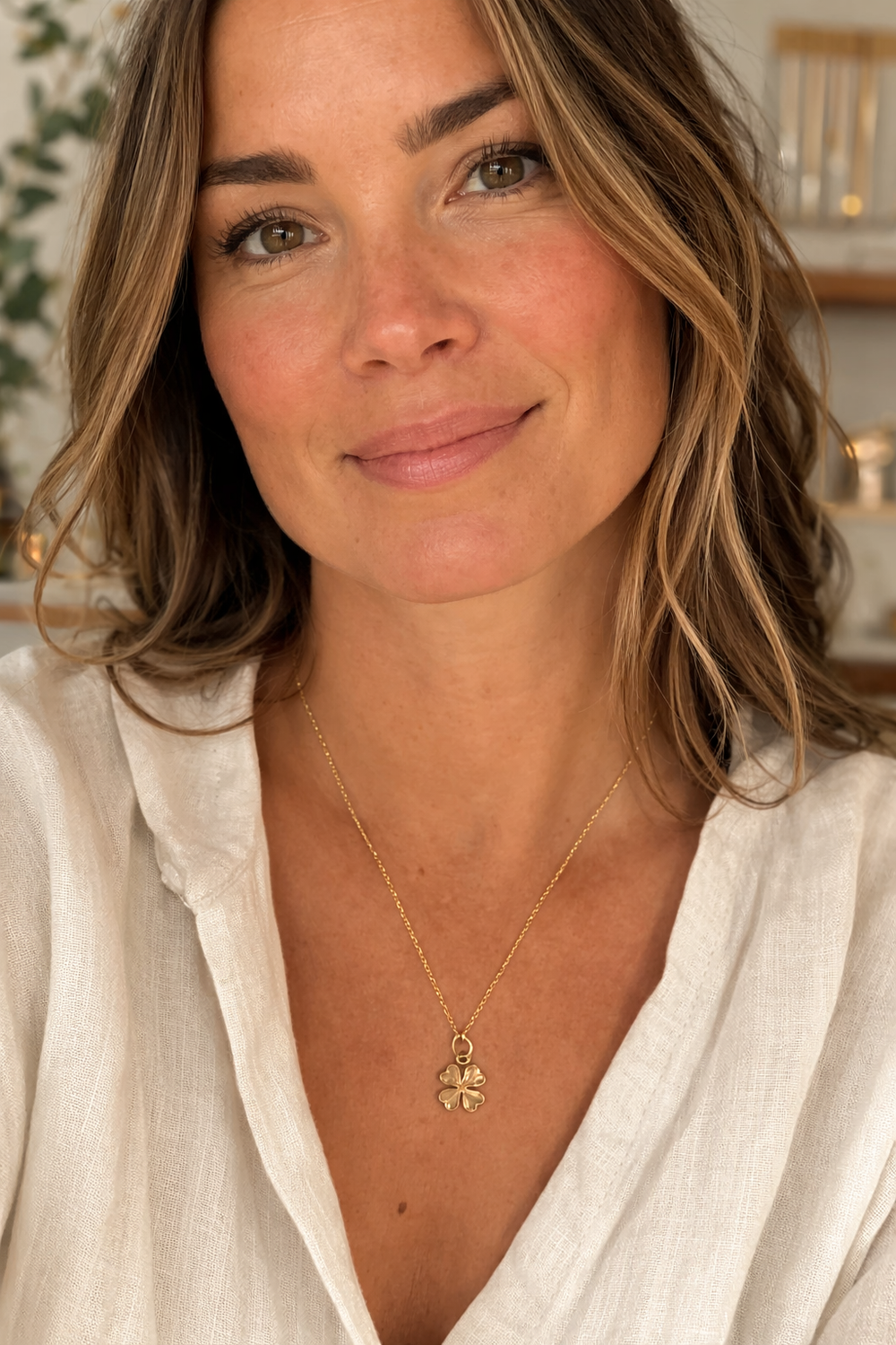 Blackbird Jewellery 18ct gold vermeil four leaf clover necklace worn by a woman in a natural studio setting, handcrafted lucky charm jewellery inspired by Irish and Celtic symbolism.