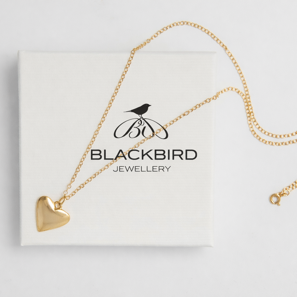 Blackbird Jewellery 18ct gold vermeil large heart necklace on fine chain, handmade in the UK on packaging 