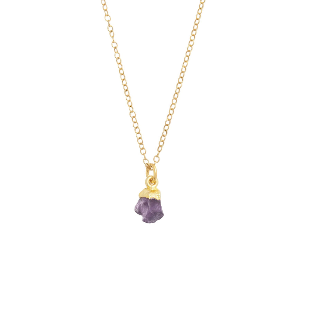 Blackbird Jewellery gold vermeil amethyst raw crystal necklace with fine chain on white background