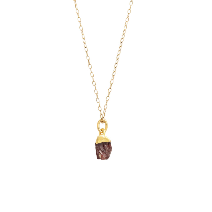 Blackbird Jewellery gold vermeil garnet raw crystal necklace with fine chain on white background