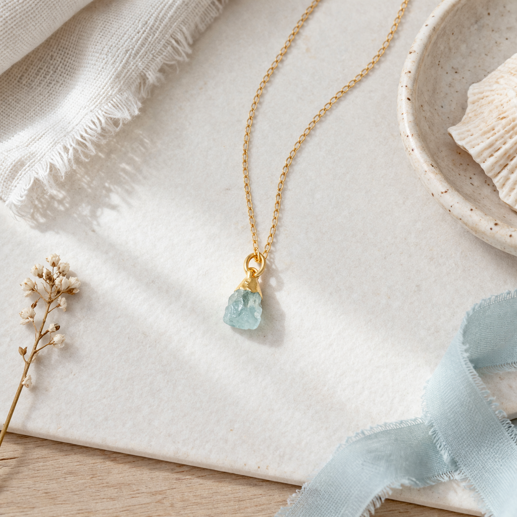Blackbird Jewellery Gold Vermeil Raw Aquamarine Crystal Necklace styled on a soft neutral flat lay with linen, shell and pale blue ribbon