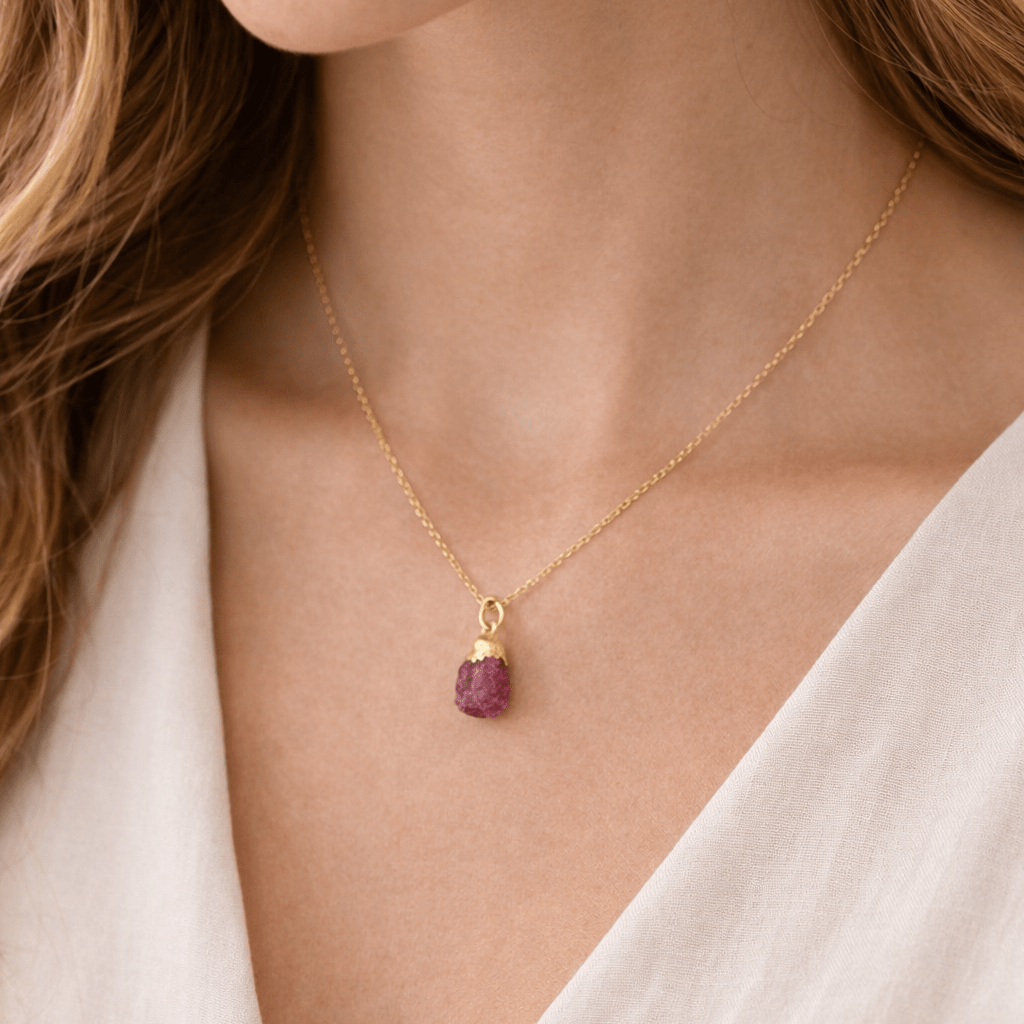 Gold Vermeil Ruby Raw Crystal Necklace by Blackbird Jewellery | Handmade jewellery