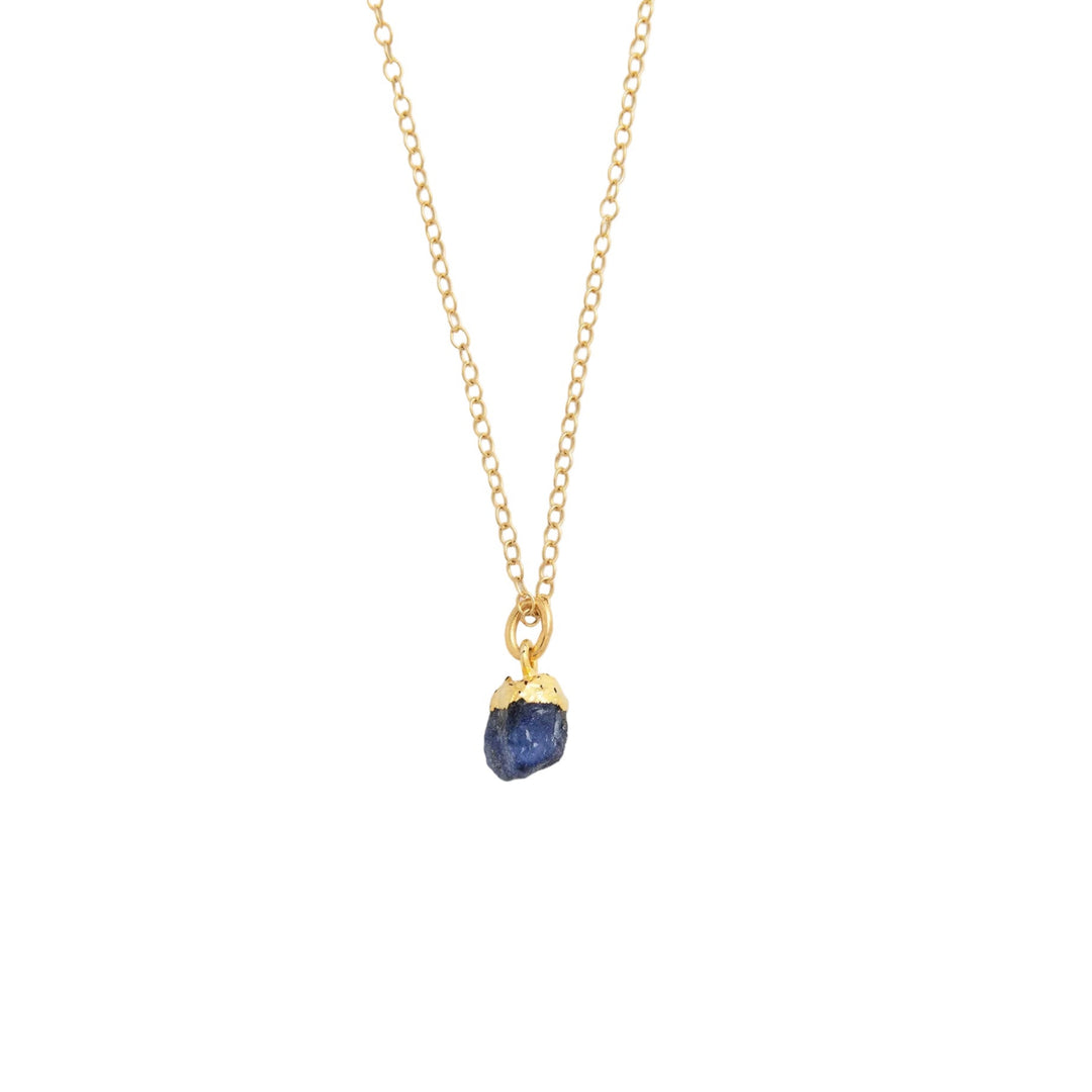Blackbird Jewellery gold vermeil sapphire raw crystal necklace with fine chain on white background