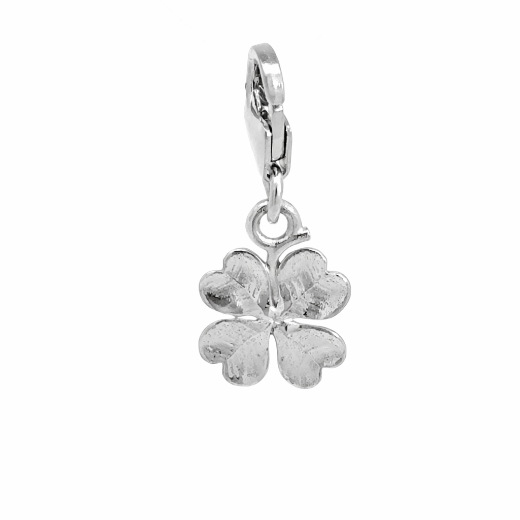 sterling silver four leaf clover charm with lobster clasp, lucky Irish Celtic symbol jewellery charm from Blackbird Jewellery