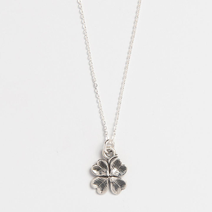 Blackbird Jewellery sterling silver four leaf clover necklace on chain, handcrafted lucky clover jewellery inspired by Irish and Celtic symbolism.