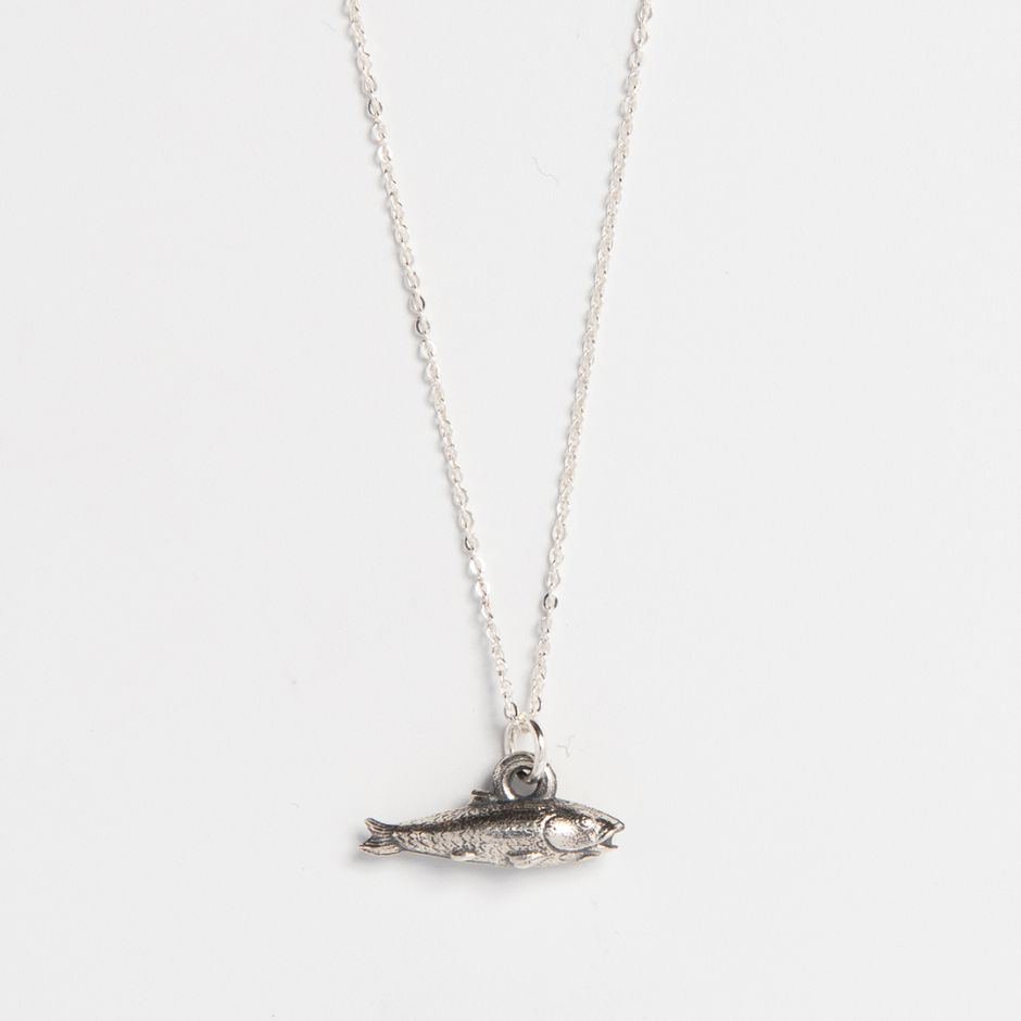 Blackbird Jewellery sterling silver fish charm necklace with fine chain, handcrafted fish pendant symbolising abundance and good luck