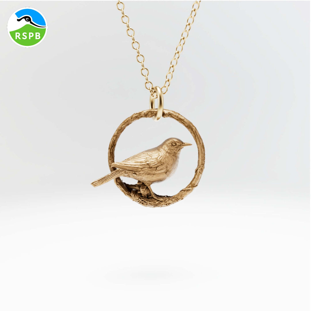 Blackbird Jewellery 18ct Gold Vermeil Blackbird Necklace – Handmade bird necklace in recycled sterling silver with gold plating, presented in Blackbird Jewellery gift box.