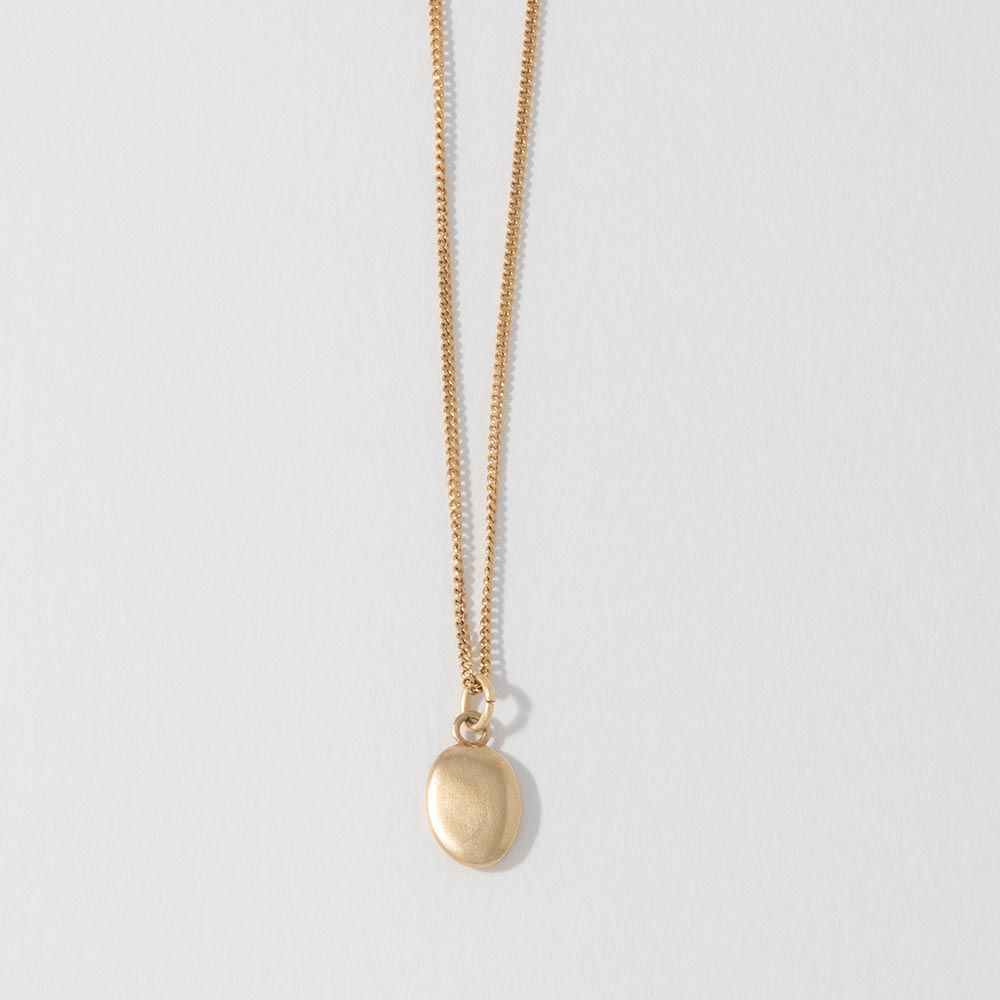 A 18ct Gold Vermeil Small Pebble Necklace with a gold chain and a gold-coloured pebble charm, displayed against a white background.