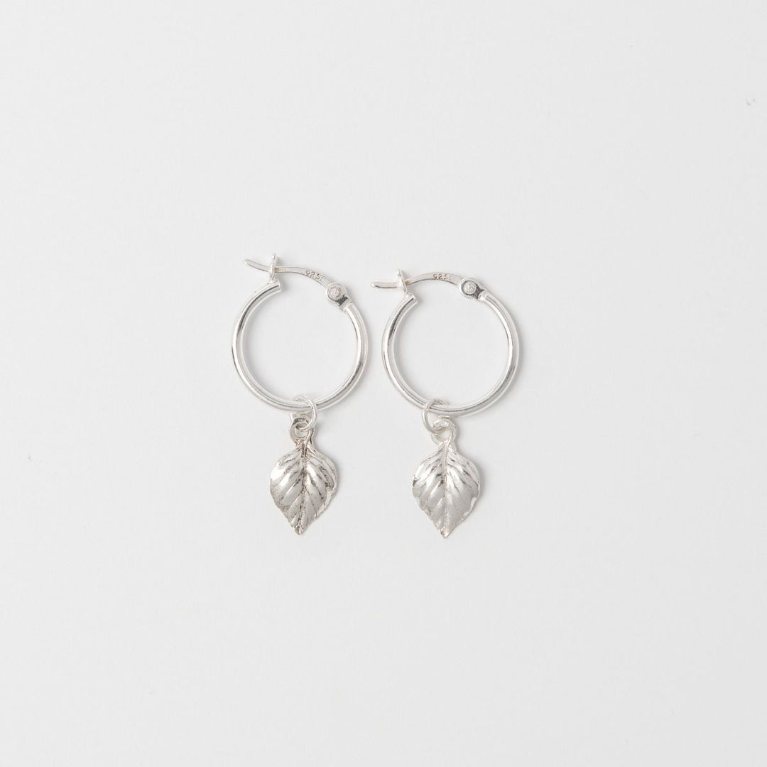 Blackbird Jewellery Sterling silver birch leaf hoop earrings on white background – handmade nature-inspired jewellery gift