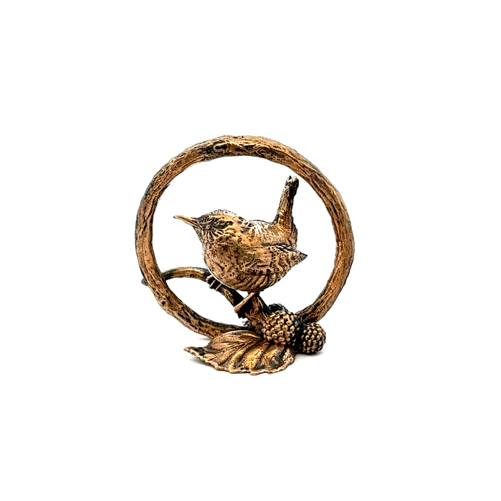 Bronze wren miniature ornament perched on a twig with blackberries and leaf, handcrafted by Blackbird Jewellery