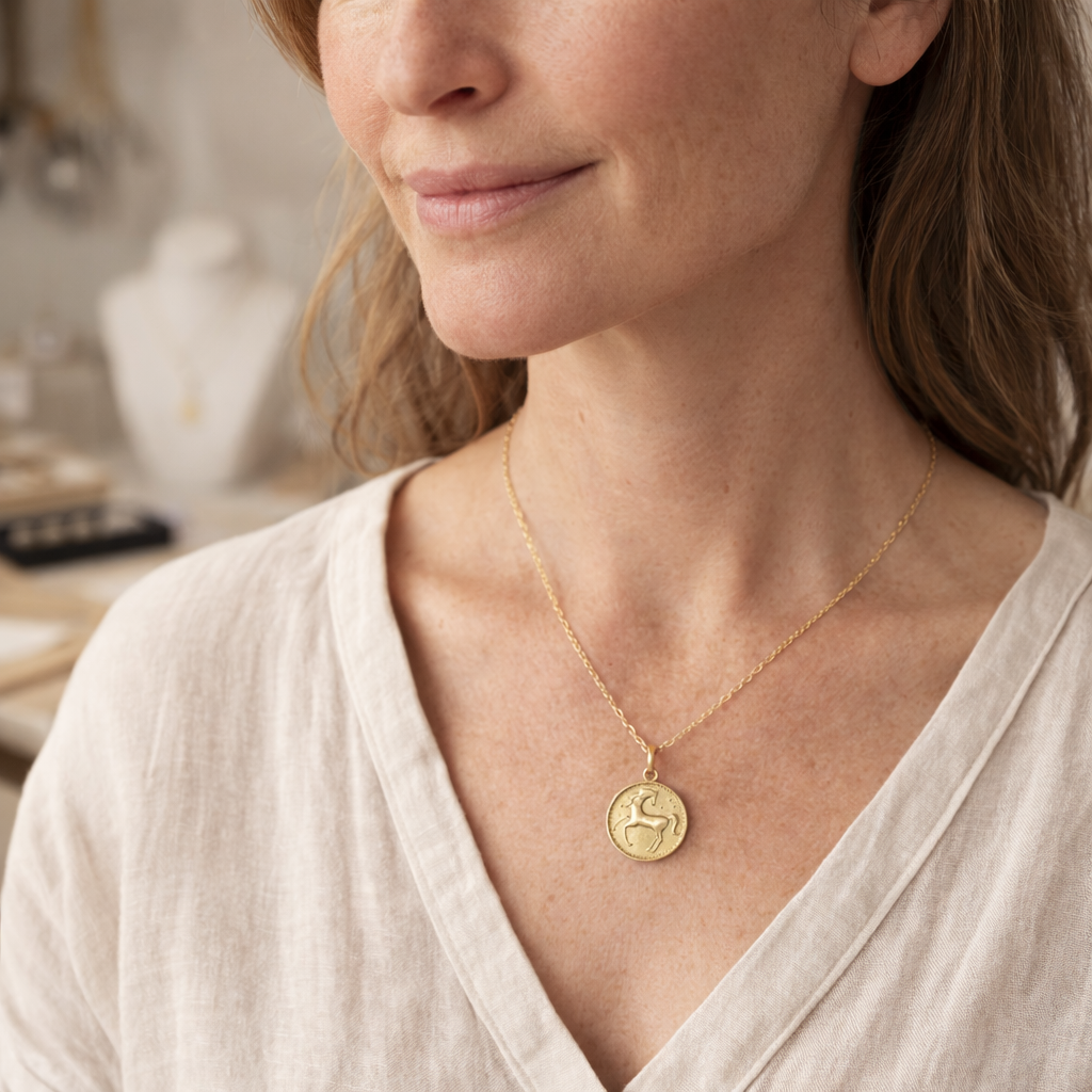Model wearing 18ct gold vermeil horse necklace by Blackbird Jewellery