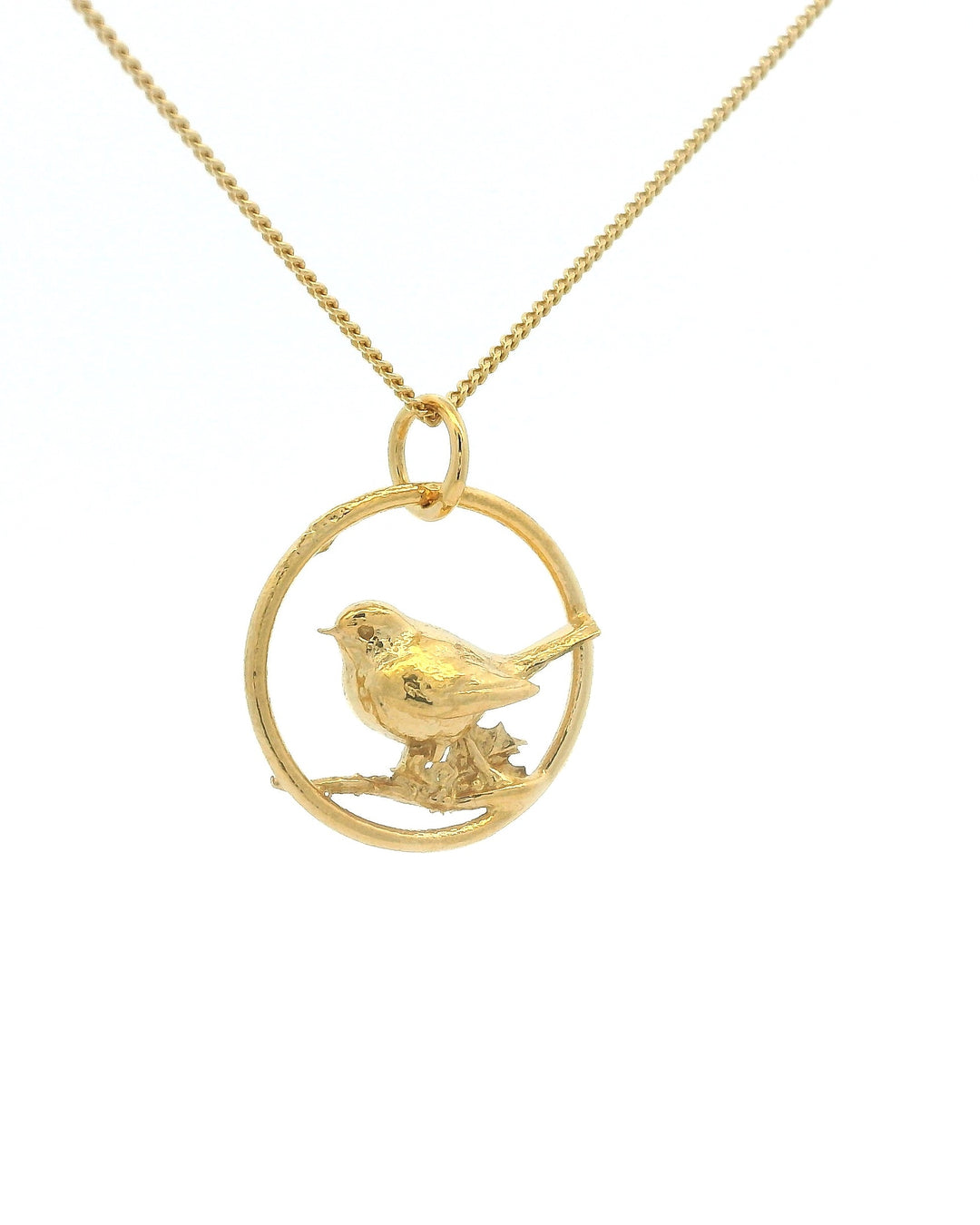 Blackbird Jewellery Gold vermeil robin necklace in hoop on a fine chain – handmade bird jewellery supporting the RSPB