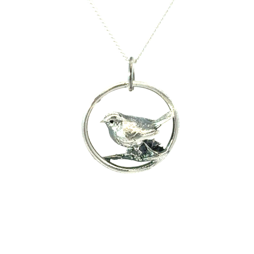 Blackbird Sterling Silver Robin bird pendant necklace on a white background