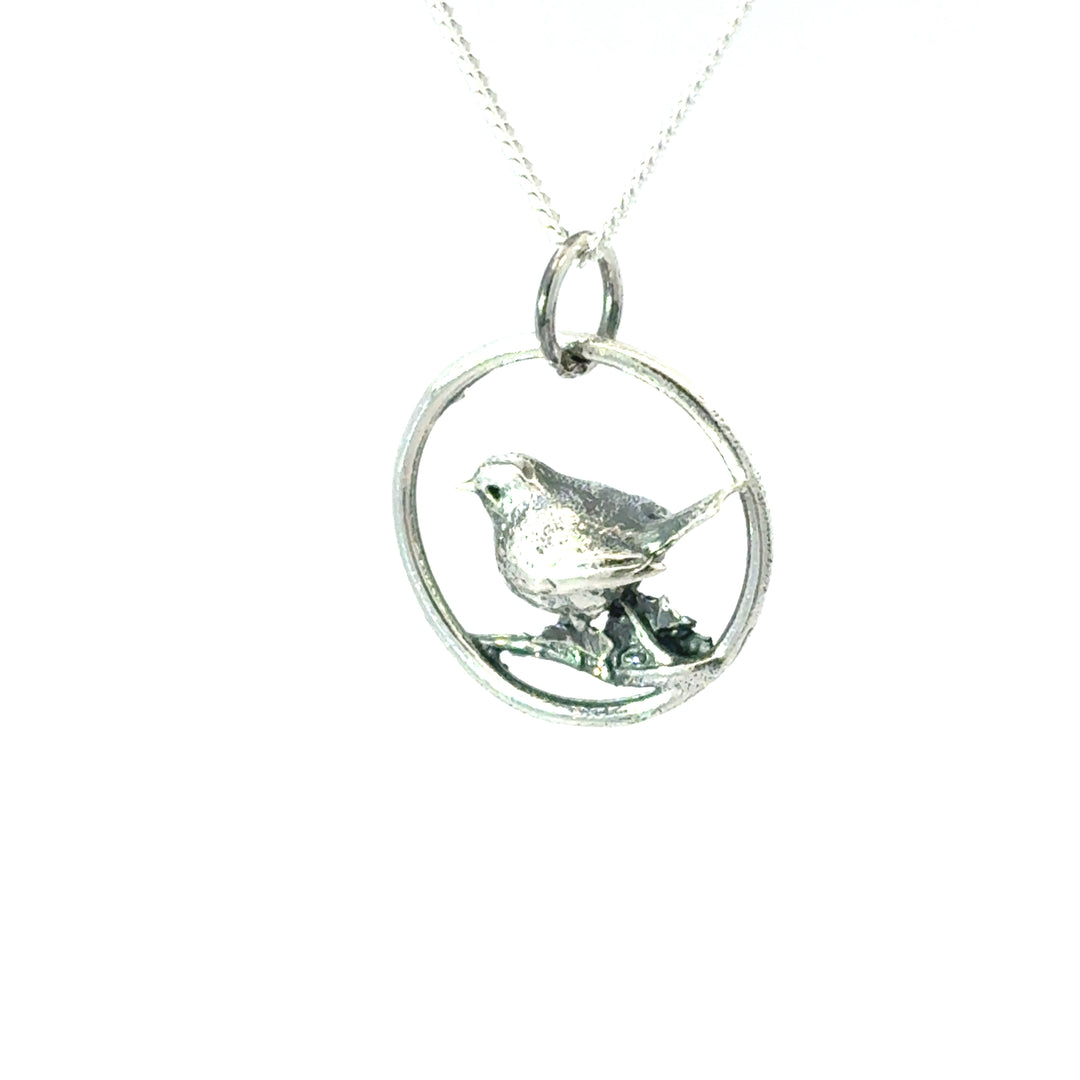 Blackbird Jewellery Side view of handcrafted robin necklace – detailed bird pendant handmade in the UK