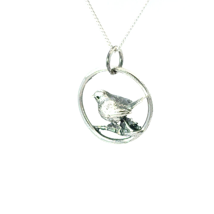 Blackbird Jewellery Side view of handcrafted robin necklace – detailed bird pendant handmade in the UK