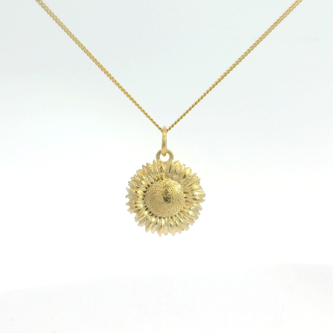 Blackbird Jewellery Gold sunflower pendant necklace on chain – 18ct vermeil jewellery supporting Ukraine aid