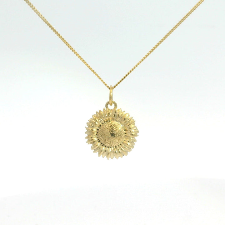 Blackbird Jewellery Gold sunflower pendant necklace on chain – 18ct vermeil jewellery supporting Ukraine aid