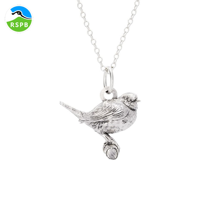 Blackbird Jewellery A sterling silver necklace featuring a handcrafted robin charm, presented on a white background.