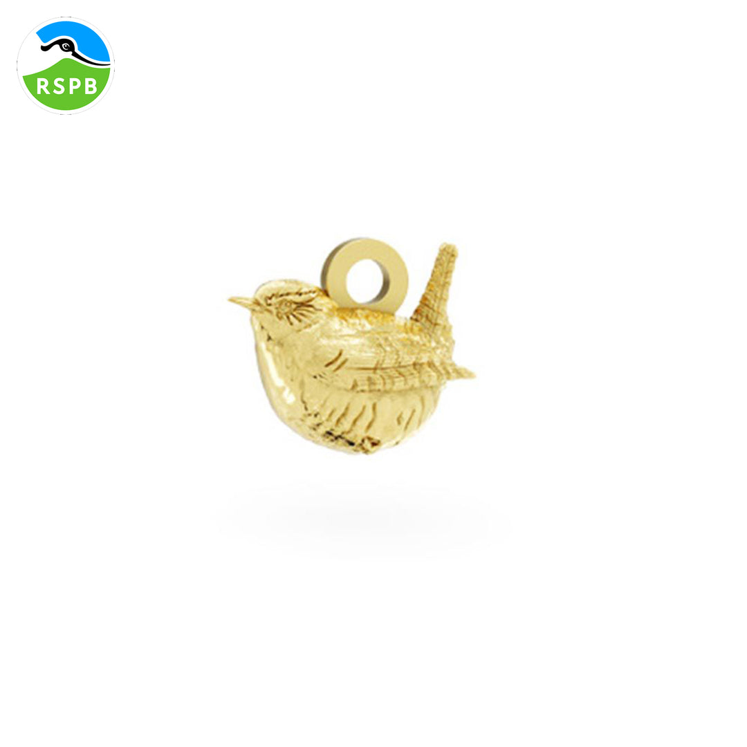 Blackbird Jewellery Gold vermeil wren charm on a white background iwth the RSPB logo 10% of sales is donated – handmade nature jewellery