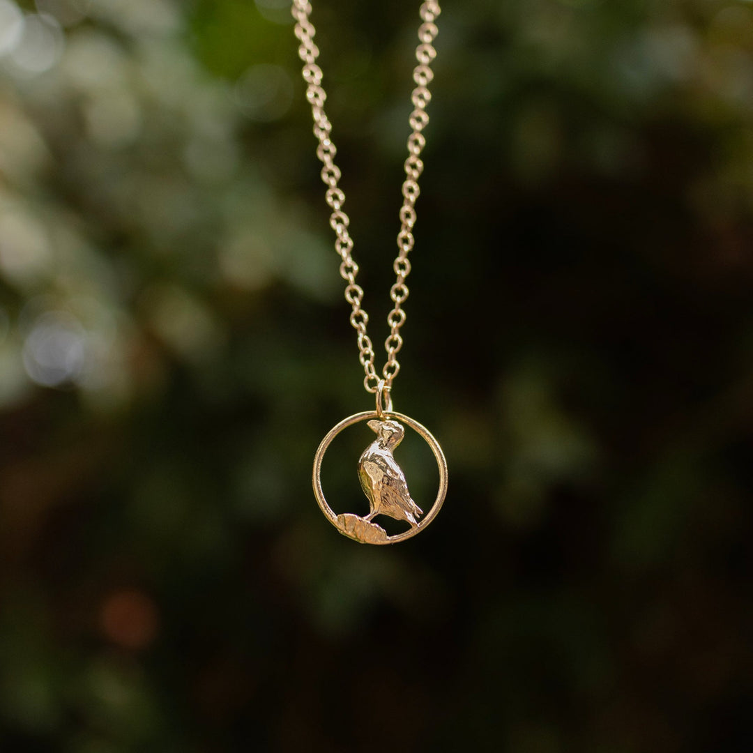 Blackbird Jewellery 18ct Gold Vermeil necklace with a circular pendant featuring a  Puffin bird design against a blurred natural background.